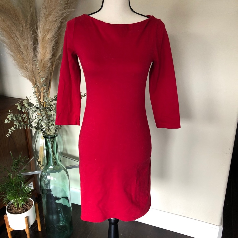 Red Midi Dress w/ Boatneck & 3/4 Sleeves - Sz. Med
